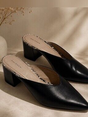 Halogen Black Pointed Leather Mules Womens 8.5M Snake Print Trim Block Heels